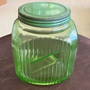 Vintage 1930's Uranium Glass Cookie Jar W/Lid and Label Depression Hoosier Glass